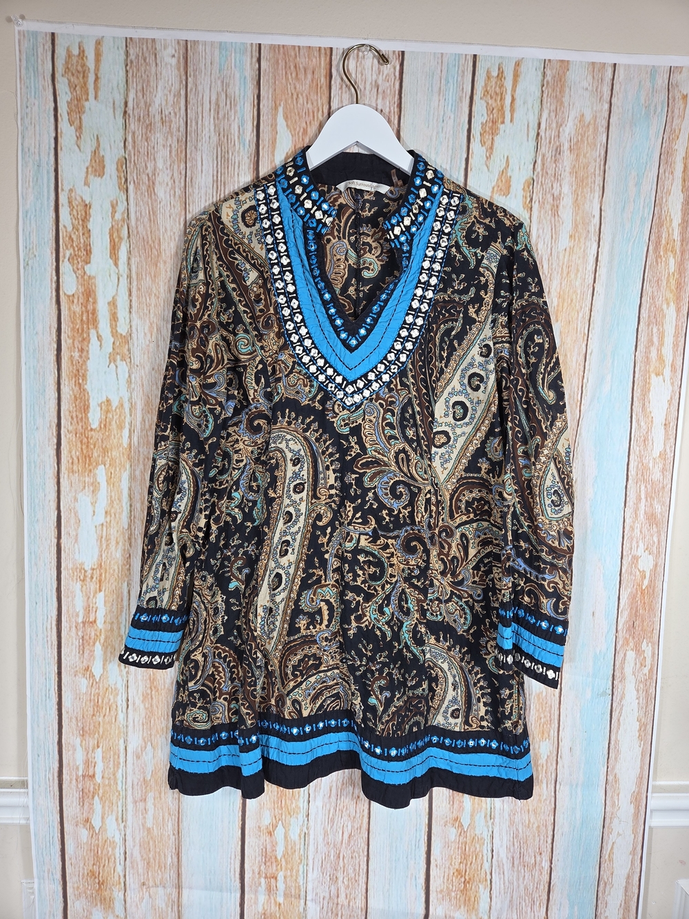 Soft Surroundings "Aubrey" Black Paisley Tunic with Bright Turquoise Stone Trim.